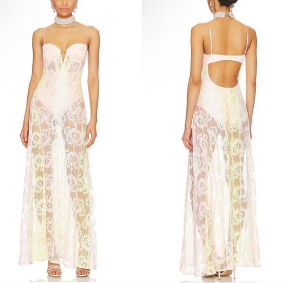 NWT For Love and Lemons Blossom women's multi floral lace backless maxi dress L - Picture 1 of 10